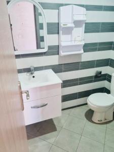 a bathroom with a sink and a toilet and a mirror at Chez Dani in Agadir