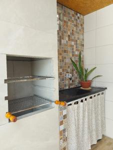 a kitchen with a pizza oven with a plant at Na Casa Delas Jeri - com Churrasqueira in Jericoacoara