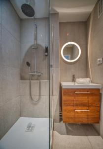 uma casa de banho com um chuveiro e um lavatório. em Le Lyon - Bastille / Esplanade em Grenoble