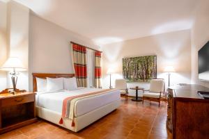 - une chambre avec un grand lit blanc et un bureau dans l'établissement Hotel Boutique Las Palomas de Santiago Pueblo Mágico, à Santiago