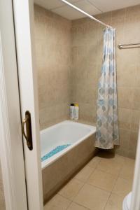 a bathroom with a tub and a shower curtain at Suite La Envía Golf in Almería