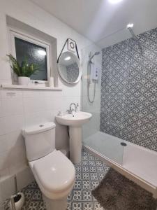 a bathroom with a toilet and a sink and a shower at Cosy Moat House Cottage #6 in Pembroke