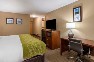 Habitación de hotel con cama, escritorio y TV. en Comfort Inn Collinsville near St Louis, en Collinsville