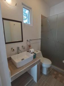 uma casa de banho com um lavatório, um WC e um espelho. em Valparaíso Selva Maya em Leona Vicario