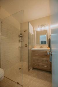 uma casa de banho com um chuveiro, um lavatório e um WC. em Casa Urbana-2BD-2BTH-Hot Tub-Pet Friendly-No Pet Fees! em Albuquerque
