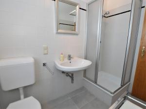 a bathroom with a toilet and a sink and a shower at Landhaus Leitzinger EG2 in St. Wolfgang