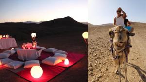un cammello e un tavolo nel deserto con le candele di The magic of camping a Marrakech