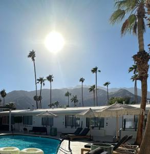 un complexe avec une piscine et des palmiers dans l'établissement Jazz Hotel Palm Springs, à Palm Springs