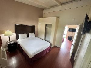 een slaapkamer met een bed en een lamp erin bij Town and Country Inn in Santa Maria