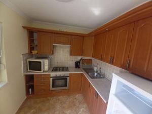 cocina con armarios de madera, fogones y microondas en Apartments in Borgata - Nordtransdanubien 45815, en Mesteri