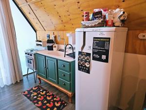 cocina con nevera y fregadero en una habitación en Vila ALegre Hospedagem, en Campo Alegre