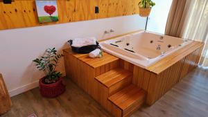 un jacuzzi en un baño con suelos de madera. en Vila ALegre Hospedagem, en Campo Alegre 22 fotos más