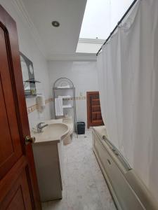 baño con lavabo y cortina de ducha en Hotel Coronel en Cuenca