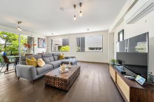 a living room with a couch and a tv at Avon Lane @ Gilberton in Adelaide