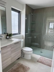 uma casa de banho com um WC e uma cabina de duche em vidro. em Luxury Furnished Apartment in Heart of Quincy em Quincy