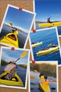 een collage van foto's van mensen die kajakken op het water bij Uros Amaru Marka Lodge in Uros