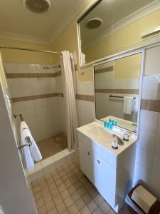 a bathroom with a sink and a shower and a mirror at Maitland City Motel in Maitland +23 photos