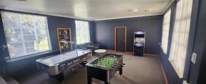een blauwe kamer met een pooltafel en een videospel bij The Hallows Accommodation in Bathurst