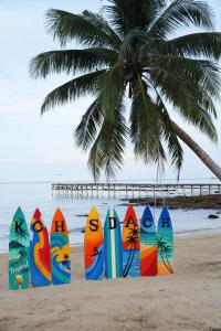 a row of surfboards on a beach with a palm tree at Koh Sdach Resort in Kaoh Sdach