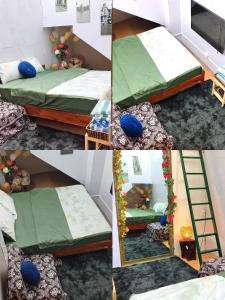 a collage of photos of a bedroom with a bed and a ladder at H2Homestay phố cổ check in tự động in Hanoi