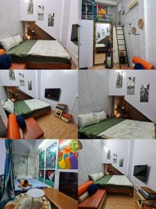 a collage of photos of a bedroom with a bed and a room with at H2Homestay phố cổ check in tự động in Hanoi