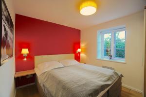 a red bedroom with a bed and a window at Ferienwohnung Am Apfelbaum - romantische Remise direkt am Golfplatz und der Schlei in Borgwedel