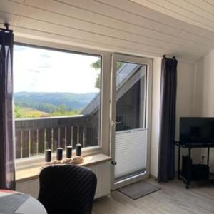 a bedroom with a large window with a view at HarzBlick 642 in Braunlage