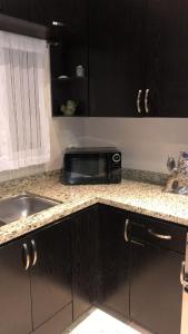 a kitchen with a sink and a microwave on a counter at Ocean View 2 BR Condo in Tijuana