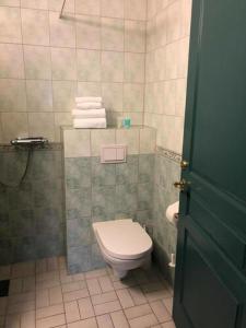 y baño con aseo y lavabo con toallas. en Trudvang Gjestegaard, en Larvik