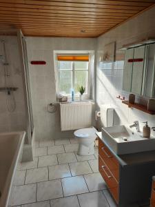 La salle de bains est pourvue de toilettes, d'un lavabo et d'une baignoire. dans l'établissement Ferienwohnung Zittauer Gebirge, à Waltersdorf