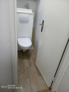 a bathroom with a toilet and a white door at Sunlit Seine Cottage in Paris