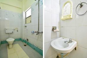 two pictures of a bathroom with a sink and a toilet at Hotel O Pratikruti Resort in Pune