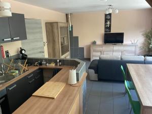 a kitchen and a living room with a couch at Le Petit Parc in Wavre