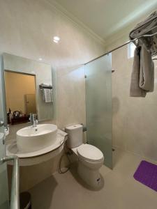 a bathroom with a toilet and a sink and a shower at Hotel Indah Palace Tawangmangu in Tawangmangu