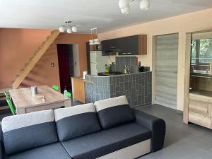 a living room with a couch and a kitchen at Le Petit Parc in Wavre