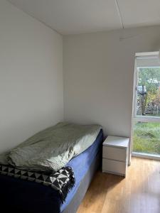 um pequeno quarto com uma cama e uma janela em Charming Aalborg Apartment With parking em Aalborg