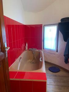 uma casa de banho com azulejos vermelhos, uma banheira e uma janela. em La bergerie em Roubion