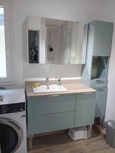 a bathroom with a sink and a washing machine at Joli appartement bien situé pour les JO in Les Essarts-le-Roi