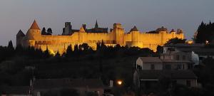 a large castle sitting on top of a hill at Villa st Francois Piscine privée chauffée ,clim ,parking gratuit in Carcassonne
