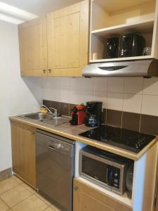 uma pequena cozinha com um fogão e um lavatório em Appartement Les Coches em La Plagne Tarentaise