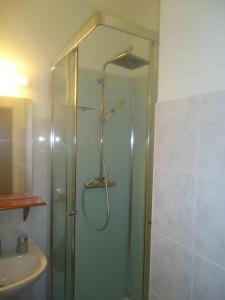 a shower with a glass door next to a sink at Hotel Du Champ De Foire in Saint-Aulaye