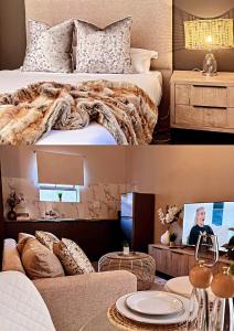 two pictures of a bedroom with a bed and a tv at La Creme Ilanga Waterkloof in Pretoria