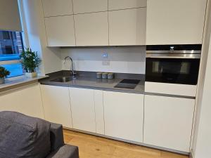 a kitchen with white cabinets and a sink at Studio flat in Tottenham in London