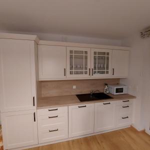 uma cozinha branca com armários brancos e um lavatório em Haus Eichkogel Guntramsdorf em Guntramsdorf