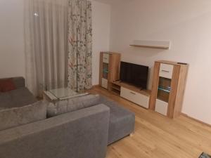 a living room with a couch and a flat screen tv at Haus Eichkogel Guntramsdorf in Guntramsdorf
