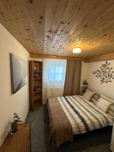 1 dormitorio con 1 cama con techo de madera en Mountain chalet en Mayrhofen