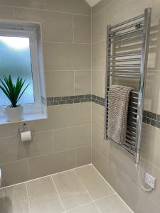 a bathroom with a shower and a potted plant at 2 Cherry Tree Cottages in Stock