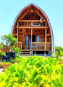 a large wooden house with a porch in a field of plants at Raturinjani homestay in Selong