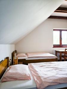 Zimmer im Dachgeschoss mit 3 Betten und einem Fenster in der Unterkunft Gościniec Gryszczeniówka in Wargowo
