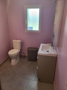 a bathroom with a toilet and a sink and a window at Gîte des teppes in Alixan